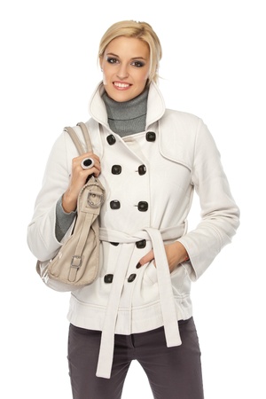 trendy blonde woman isolated on whiteの写真素材