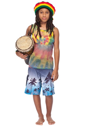young rasta man with conga isolated on whiteの写真素材