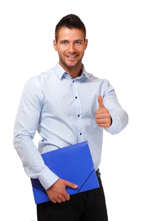 happy businessman with thumb up, isolated on whiteの写真素材