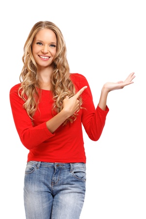 cute young woman posing on white backgroundの写真素材