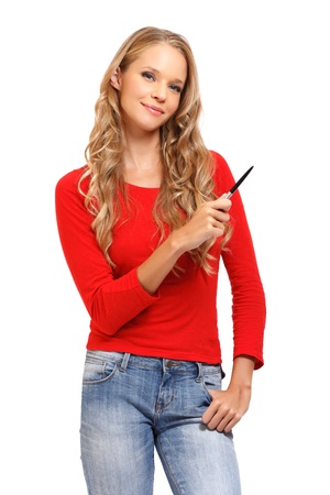 young blonde woman posing on white backgroundの写真素材