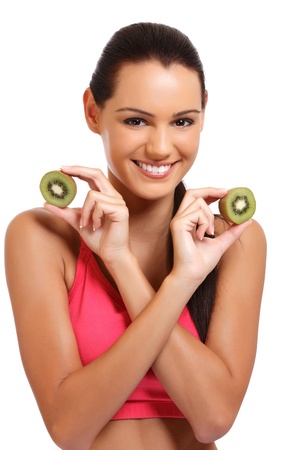 nice young lady posing with fruit isolated on whiteの写真素材