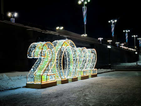 New Year and Christmas decorations on the embankment in Moscow at nightの写真素材
