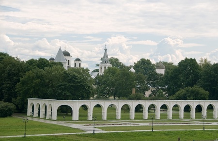 View on Yaroslav's Court, on the Volkhov river in Veliky Novgorod, Russia.の写真素材