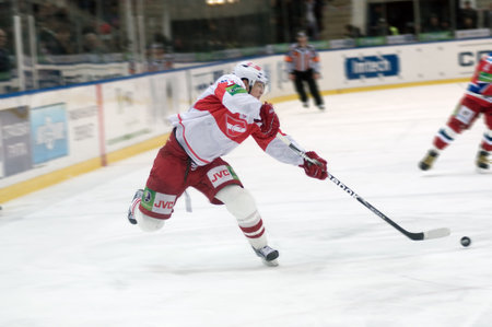 MOSCOW - JANUARY 31: Forward Hockey Club Spartak (Moscow, Russia) Mikhail Yunkov at Hockey match...