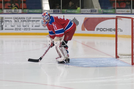 MOSCOW - FEBRUARY 20: Hockey match CSKA-LEV PRAHA in sports palace CSKA on February 30, 2013 in Moscow, Russiaのeditorial素材