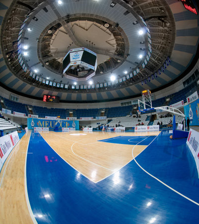 MOSCOW - APRIL 1: Palace of Sports "Dynamo" in Krylatskoye in action to a basketball game Dynamo Moscow (white) vs Dynamo - GUVD Novosibirsk (blue) on April 1, 2013. Moscow, Russia Dinamo won 77-71のeditorial素材