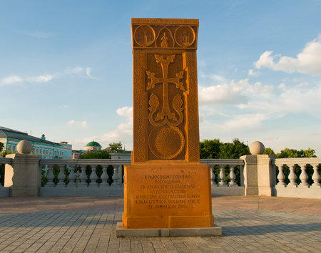 Cross-stone - a stone with a carved image of the cross in the ornament passed the Armenian Apostolic Church as a gift to the Cathedral of Christ the Savior in Moscow.のeditorial素材