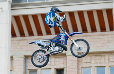 RUSSIA, MOSCOW-JULY 13: motofristayler Anton Smirnov at the sports festival "Moscow City Games 2013" in the program Moto Freestyle (FMX) in Moscow, Arena "Luzhniki»; on July 13, 2013のeditorial素材