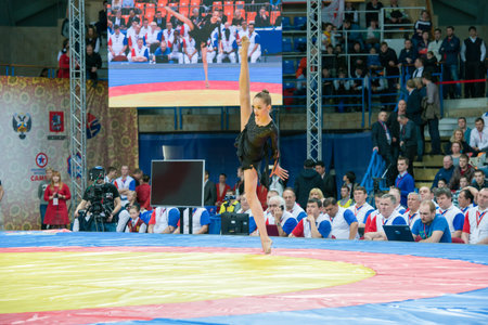 RUSSIA, MOSCOW - MARCH 27: Stadium Druzhba. The team of Russia on aesthetic gymnastics at the opening of the World Cup Memorial A. Kharlampiev in Luzhniki sport palace, Moscow, Russia, 2015のeditorial素材