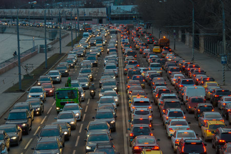 MOSCOW, RUSSIA-APRIL 9, 2015: Cars stands in traffic jam on the city center, Moscow Russia. Moscow...