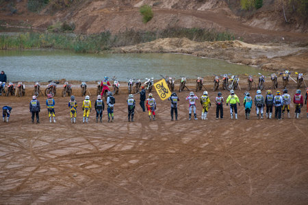 MOSCOW-OCTOBER 10: The judge gives the start of the race, class Moto, in the 5 stage of the...