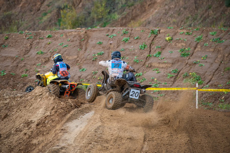 MOSCOW-OCTOBER 10: Unidentified riders at the track, class "ATV, UTV, 4x4", in the 5 stage of the XSR-MOTO.RU Cross Country in Moscow, Park "Velyaminovo"; on October 10, 2015のeditorial素材