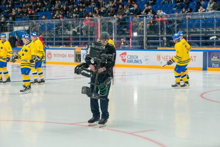 MOSCOW - JANUARY 29, 2016: Cameras at hockey game Sweden vs Czech Republic on World Legends hockey league on January 29, 2015, in Moscow, Russia.のeditorial素材