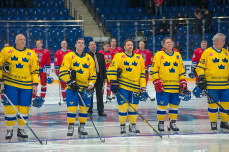 MOSCOW - JANUARY 29, 2016: Player listening to national anthems on hockey game Sweden vs Czech Republic on World Legends hockey league on January 29, 2015, in Moscow, Russia.のeditorial素材
