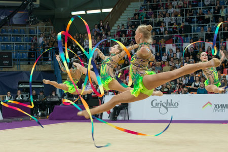 MOSCOW, RUSSIA - FEBRUARY 19, 2016: group exercises, the Russian team on Rhythmic gymnastics Alina...