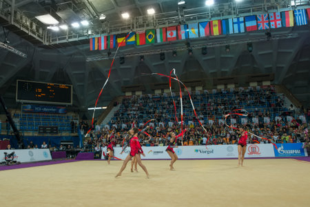 MOSCOW, RUSSIA - FEBRUARY 19, 2016: group exercises, the team of Latvia on Rhythmic gymnastics Alina Cup Grand Prix Moscow - 2016 in Moscow sport palace Luzhniki, Russiaのeditorial素材