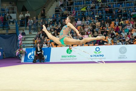 MOSCOW, RUSSIA - FEBRUARY 19, 2016: Vladinova Neviana, Bulgaria on Rhythmic gymnastics Alina Cup Grand Prix Moscow - 2016 in Moscow sport palace Luzhniki, Russiaのeditorial素材