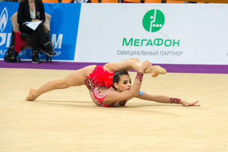 MOSCOW, RUSSIA - FEBRUARY 19, 2016: Linoy Ashram, Israel on Rhythmic gymnastics Alina Cup Grand Prix Moscow - 2016 in Moscow sport palace Luzhniki, Russiaのeditorial素材