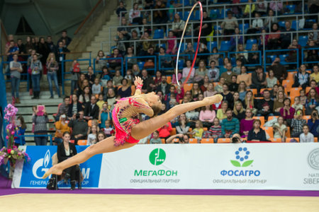 MOSCOW, RUSSIA - FEBRUARY 19, 2016: Averin Arina, Russia on Rhythmic gymnastics Alina Cup Grand Prix Moscow - 2016 in Moscow sport palace Luzhniki, Russiaのeditorial素材