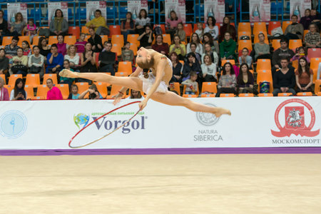 MOSCOW, RUSSIA - FEBRUARY 19, 2016: Zafirova Erika, Bulgaria on Rhythmic gymnastics Alina Cup Grand Prix Moscow - 2016 in Moscow sport palace Luzhniki, Russiaのeditorial素材