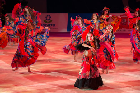 MOSCOW, RUSSIA - FEBRUARY 21, 2016: Unidentified dancers dance gymnastics team at the gala concert Grand Prix Moscow - 2016 in Moscow sport palace Luzhniki, Russiaのeditorial素材