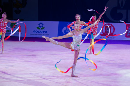 MOSCOW, RUSSIA - FEBRUARY 21, 2016: Russian team on Rhythmic gymnastics at the gala concert Grand Prix Moscow - 2016 in Moscow sport palace Luzhniki, Russiaのeditorial素材