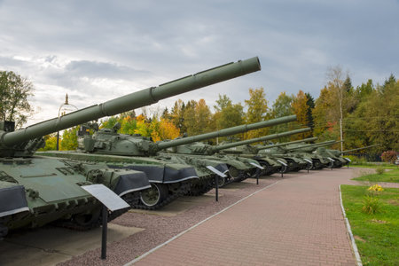 Several of the old Soviet tank exhibited for the review