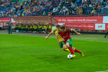 MOSCOW - MAY 11, 2016: Midfielder Aleksei Miranchuk (59) on the soccer game Russian Premier League Lokomotiv (Moscow) vs Kuban (Krasnodar), the stadium Lokomotiv Moscow, Russia. Lokomotiv lost 0: 1のeditorial素材