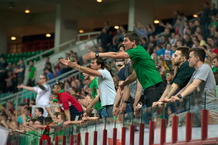 MOSCOW - MAY 11, 2016: Fans of football club Lokomotiv in action during the soccer game Russian Premier League Lokomotiv (Moscow) vs Kuban (Krasnodar), the stadium Lokomotiv Moscow, Russia. Lokomotiv lost 0: 1のeditorial素材