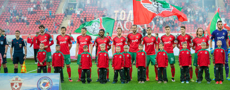 MOSCOW - MAY 11, 2016: Lokomotiv team before the soccer game Russian Premier League Lokomotiv (Moscow) vs Kuban (Krasnodar), the stadium Lokomotiv Moscow, Russia. Lokomotiv lost 0: 1のeditorial素材