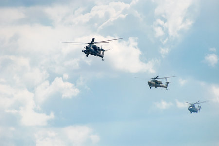 Russian Air Force Mi-28 "Havoc" attack helicopter climbing out of the Kubinka airbase to training flight for the Great Victory Day military paradeのeditorial素材