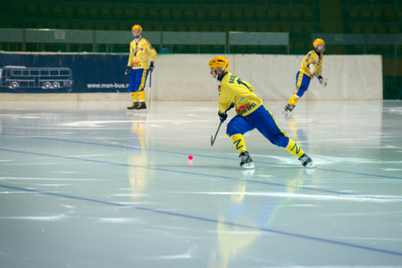 MOSCOW - FEBRUARY 26, 2016: Vadim Vasilyev (13) in action during the Russian bandy league game Dynamo Moscow vs Sharp Krasnogorsk in sport palace Krilatskoe, Moscow, Russia. Dynamo won 9: 2のeditorial素材