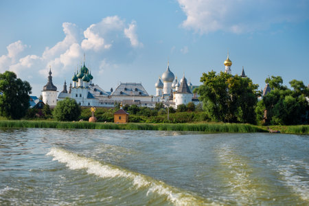 Summer view from the Nero lake of the medieval Kremlin in Rostov the Great as part of The Golden Ring's group of medieval towns of the northeast of Moscow, Russia.のeditorial素材