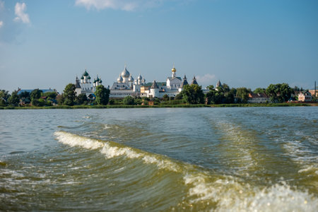 Summer view from the Nero lake of the medieval Kremlin in Rostov the Great as part of The Golden Ring's group of medieval towns of the northeast of Moscow, Russia.のeditorial素材