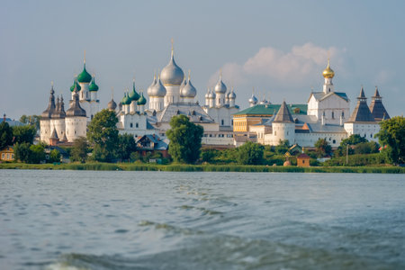 Summer view from the Nero lake of the medieval Kremlin in Rostov the Great as part of The Golden Ring's group of medieval towns of the northeast of Moscow, Russia.のeditorial素材