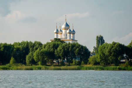 Summer view from the Nero lake of the medieval Kremlin in Rostov the Great as part of The Golden Ring's group of medieval towns of the northeast of Moscow, Russia.のeditorial素材