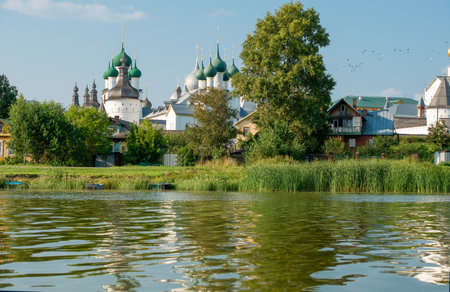 Summer view from the Nero lake of the medieval Kremlin in Rostov the Great as part of The Golden Ring's group of medieval towns of the northeast of Moscow, Russia.のeditorial素材