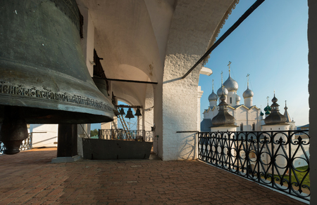 The belfry of the Dormition Cathedral in Kremlin of Rostov the Great as part of The Golden Ring's group of medieval towns of the northeast of Moscow, Russia.の写真素材