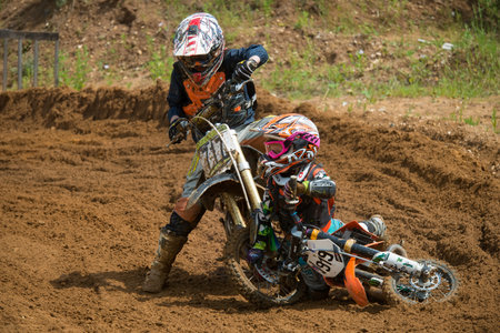 MOSCOW, RUSSIA - JULY 1, 2017: The fall of young athletes in the Velyaminovo Race Weekend 2017, Motopark Velyaminovo, Istrinsky districtのeditorial素材
