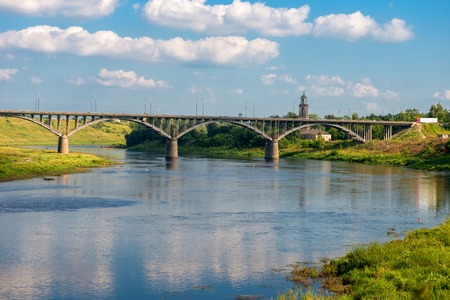 The view at the bridge across the Volga river in the town of Staritsa, Russiaの写真素材