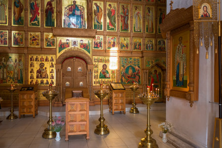 STARITSA, RUSSIA - AUGUST 13, 2017: Interior of the Assumption Cathedral Staritsky Holy Assumption Monastery in city Staritsa, Tver regionのeditorial素材