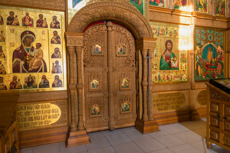 STARITSA, RUSSIA - AUGUST 13, 2017: Interior of the Assumption Cathedral Staritsky Holy Assumption Monastery in city Staritsa, Tver regionのeditorial素材
