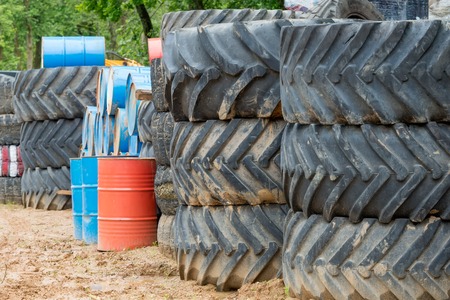 Stack of old big car tiresの写真素材