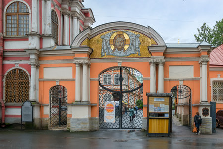 RUSSIA, SAINT PETERSBURG - AUGUST 18, 2017: Savior not made by hands. Mosaic icon above the entrance to the Alexander Nevsky Lavra. St. Petersburgのeditorial素材