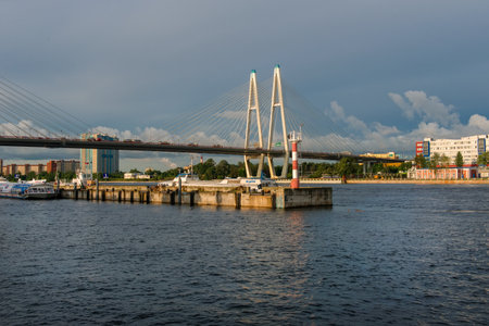 RUSSIA, SAINT PETERSBURG - AUGUST 18, 2017: Utkina wharf and the salt pier on the Neva river, near the Vantovoy bridgeのeditorial素材