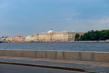 RUSSIA, SAINT PETERSBURG - AUGUST 18, 2017: View of the University Embankment, 17 - St. Petersburg State Academic Institute of Painting, Sculpture and Architecture named after I.E. Repin at the Russian Academy of Artsのeditorial素材