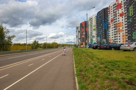 MOSCOW, RUSSIA - SEPTEMBER 30, 2018: New colorful apartment district My address is at 169, Dmitrovsky. Moscow, Dmitrovskoe highwayのeditorial素材