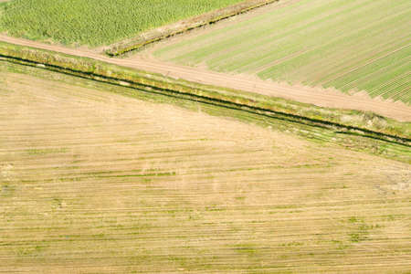 Top view of agricultural fields in autumn day