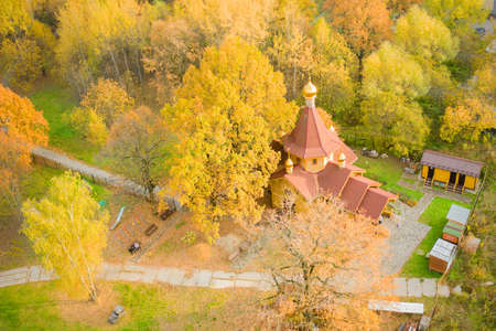 Aerial view of the Church of Alexander Nevsky in Lianozovo, Moscowの写真素材